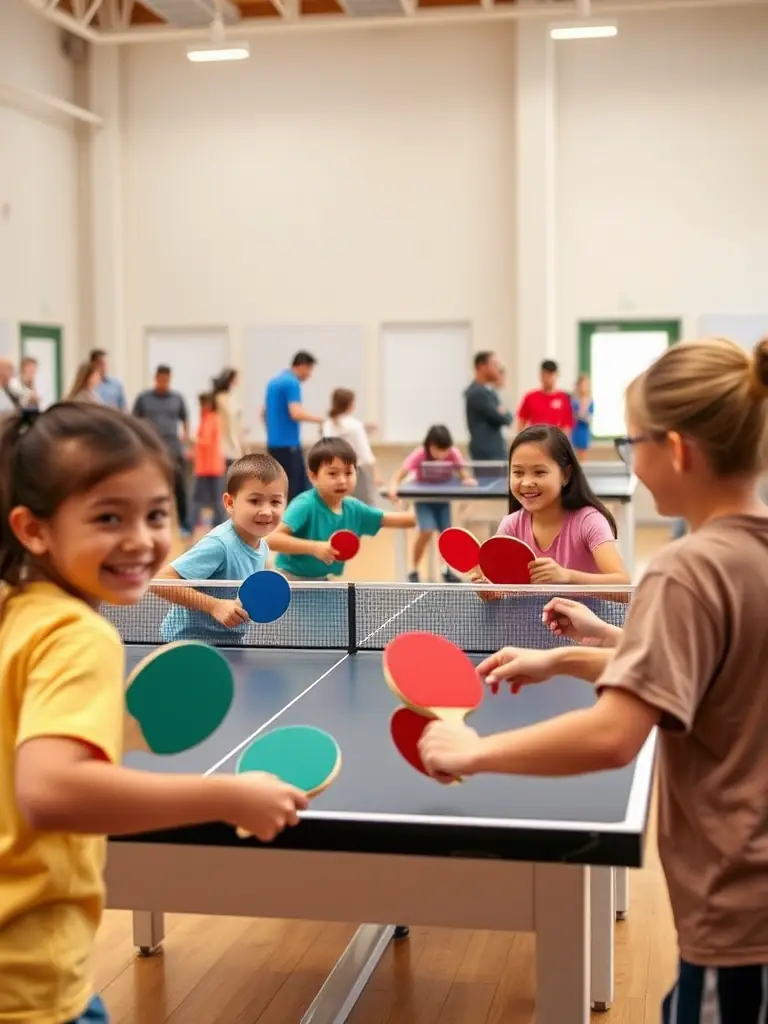 Image of participants in a table tennis tournament organized by ETT, showing players of different ages and skill levels competing in a friendly and supportive environment.