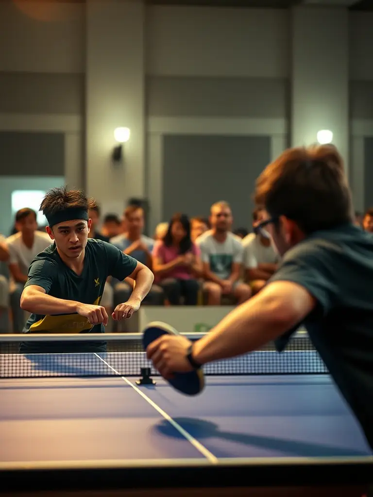 An action-packed image capturing the intensity of a local table tennis tournament, showcasing players in mid-game with spectators in the background.