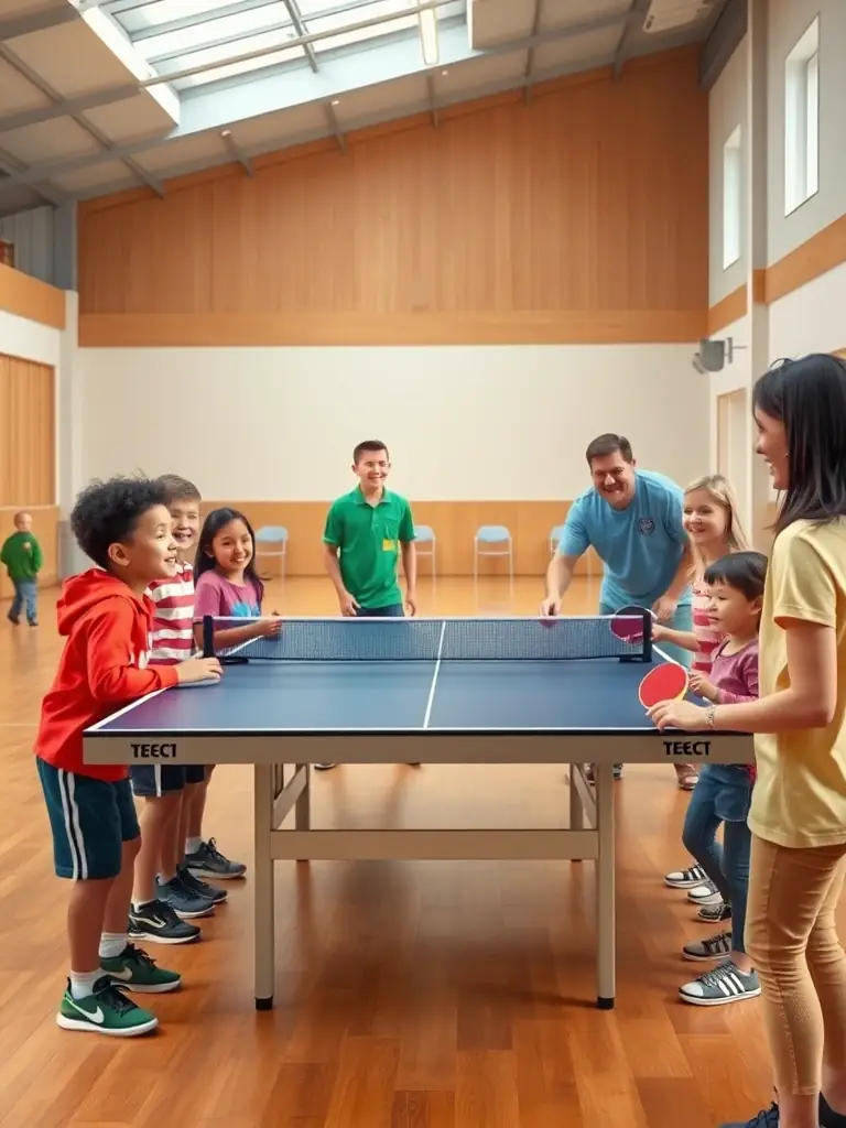 A vibrant image capturing the camaraderie and community spirit at Etreux Tennis de Table, showing members of all ages and skill levels interacting and enjoying the sport together.