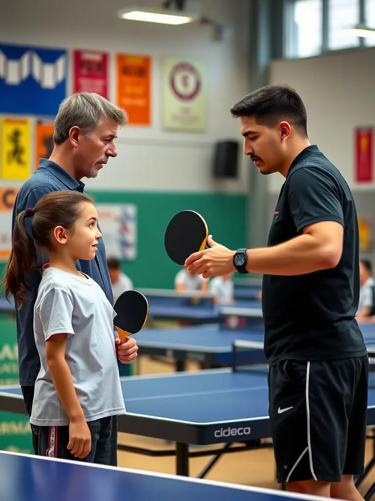 A dynamic shot of a tennis coach providing personalized instruction to a young player, focusing on proper grip and stance, set against the backdrop of the ETT training hall.