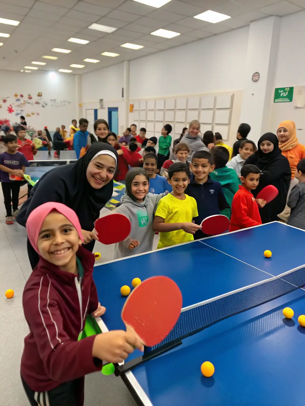 A group of ETT members participating in a social table tennis event, highlighting the community aspect of the club, with people laughing and enjoying the game.