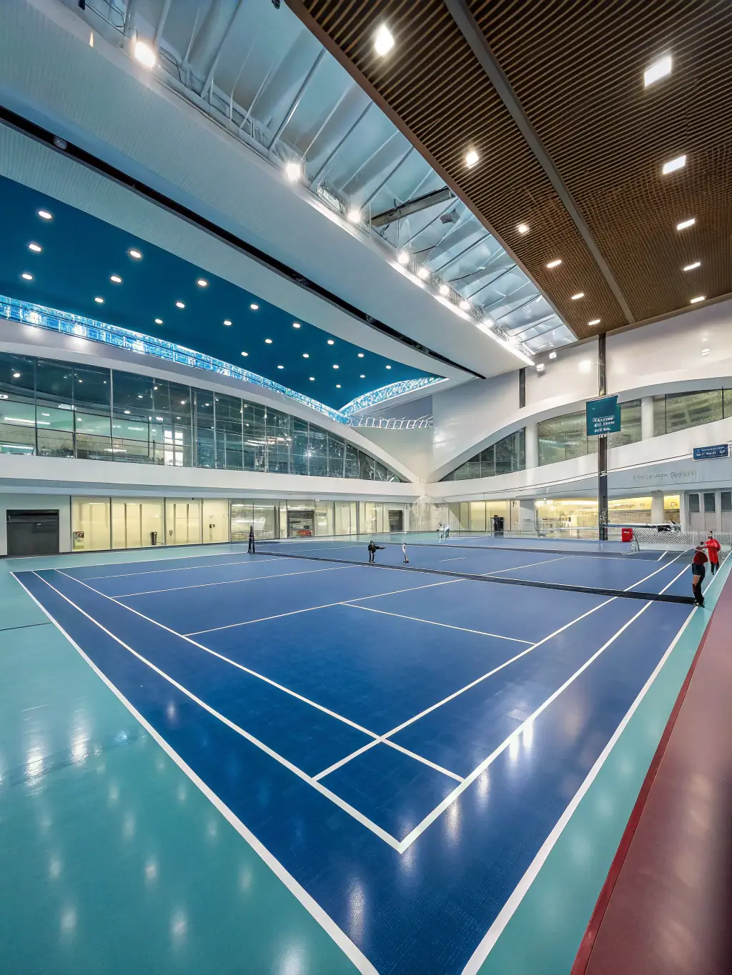 A wide-angle shot showcasing the modern, well-equipped facilities at Etreux Tennis de Table, highlighting the high-quality tables, lighting, and overall playing environment.