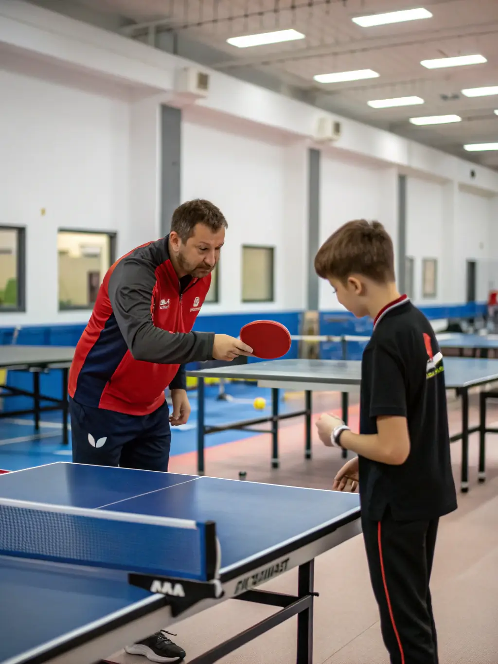 A focused shot of a professional table tennis coach providing personalized instruction to a young player at Etreux Tennis de Table, emphasizing the one-on-one attention and expert guidance available.